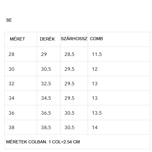 TLD SE nadrág mérettáblázat