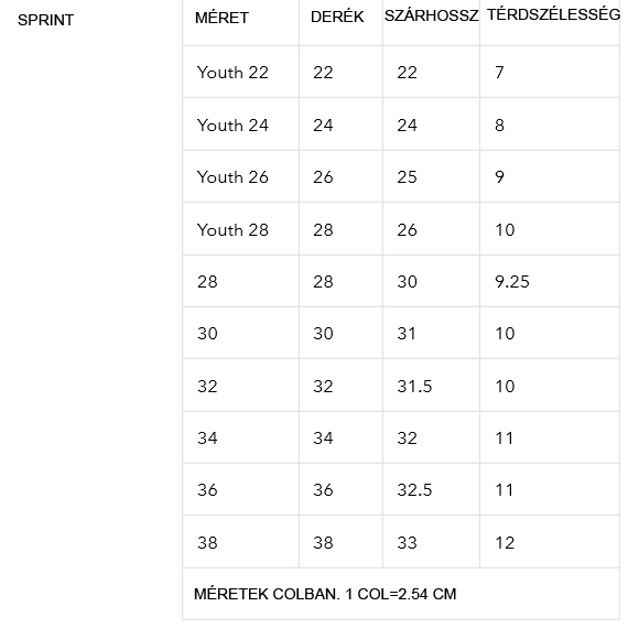 TLD Sprint nadrág mérettáblázat